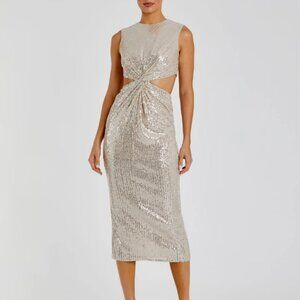 NEW Mac Duggal Silver Sequin Front Twist Cut Out Sheath Dress